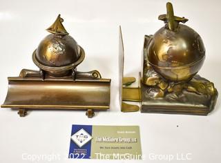 Vintage Art Deco Globe and Airplane Bronze Clad Bookend and Globe and Sail Boat Ink Well and Pen Rest.