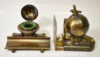 Vintage Art Deco Globe and Airplane Bronze Clad Bookend and Globe and Sail Boat Ink Well and Pen Rest.