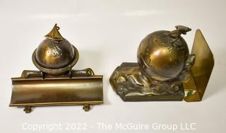 Vintage Art Deco Globe and Airplane Bronze Clad Bookend and Globe and Sail Boat Ink Well and Pen Rest.