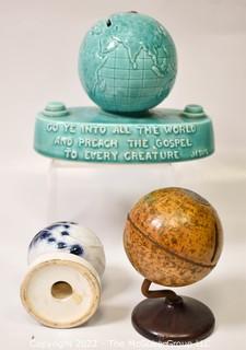 Three (3) Vintage Globe Banks Including Two World's Fair and Century of Progress and One Globe World Gospel Crusades Ceramic Bank.