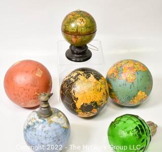 Five (5) Vintage Globes Including String Holder by JP Coates and Green Glass Knob.  WAS 0135SG