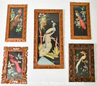 Five (5) Vintage Framed Souvenir Feathercraft Art Birds Made In Toluca Mexico with Real Bird Feathers.