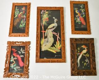 Five (5) Vintage Framed Souvenir Feathercraft Art Birds Made In Toluca Mexico with Real Bird Feathers.