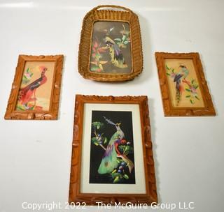 Four (4) Vintage Framed Souvenir Feathercraft Art Birds Made In Toluca Mexico with Real Bird Feathers.