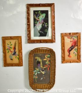 Four (4) Vintage Framed Souvenir Feathercraft Art Birds Made In Toluca Mexico with Real Bird Feathers.