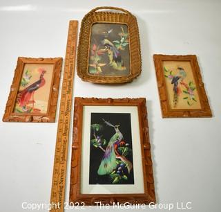 Four (4) Vintage Framed Souvenir Feathercraft Art Birds Made In Toluca Mexico with Real Bird Feathers.