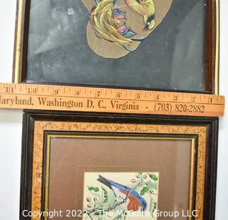 Two (2) Framed Bird Pictures, One Embroidered and One Painted on a Leaf.