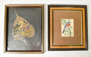 Two (2) Framed Bird Pictures, One Embroidered and One Painted on a Leaf.