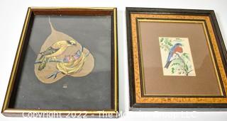 Two (2) Framed Bird Pictures, One Embroidered and One Painted on a Leaf.