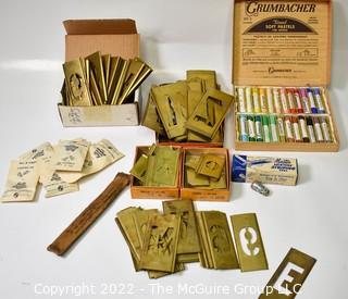 Box Grumbacher Pastel Crayons, Painters Stripping Tool and Brass Stencils. 