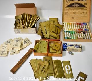 Box Grumbacher Pastel Crayons, Painters Stripping Tool and Brass Stencils. 