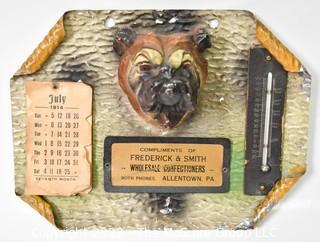 Vintage 1914 Wall Hanging Advertising Thermometer and Calendar with Bulldog for Fredericks Confectioners PA