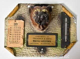 Vintage 1914 Wall Hanging Advertising Thermometer and Calendar with Bulldog for Fredericks Confectioners PA