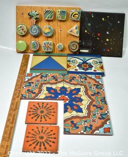 Group of Unique Hand-Painted Tiles and Drawer Pulls.