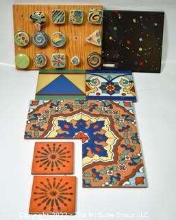 Group of Unique Hand-Painted Tiles and Drawer Pulls.