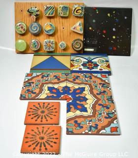 Group of Unique Hand-Painted Tiles and Drawer Pulls.