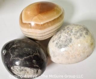 Stone Marble Eggs, Millefiore Turtle Glass Paperweight, Porcelain Dish and Green Glass Cup.