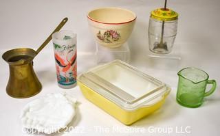 Group of Kitchen Items Brass Mortar and Pestle, Pottery Mixing Bowl, Milk Glass Praying Hands Trinket Dish, Nut Chopper, Pyrex Yellow Casserole Dish and Green Glass Measuring Cup