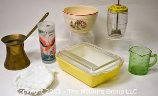 Group of Kitchen Items Brass Mortar and Pestle, Pottery Mixing Bowl, Milk Glass Praying Hands Trinket Dish, Nut Chopper, Pyrex Yellow Casserole Dish and Green Glass Measuring Cup