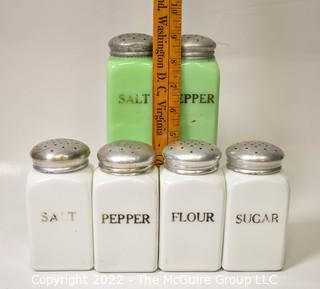 Six (6) Vintage Art Deco Green and White Milk Glass Spice Jars with Screw Lids. 