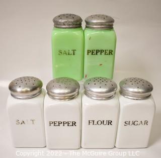 Six (6) Vintage Art Deco Green and White Milk Glass Spice Jars with Screw Lids. 