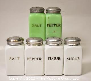 Six (6) Vintage Art Deco Green and White Milk Glass Spice Jars with Screw Lids. 