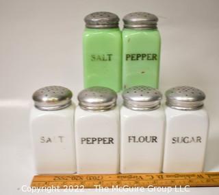 Six (6) Vintage Art Deco Green and White Milk Glass Spice Jars with Screw Lids. 