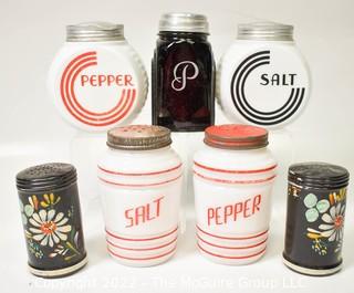 Group of Vintage Art Deco Glass Spice Jars with Screw Lids and Tole Painted Shakers.