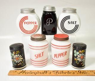 Group of Vintage Art Deco Glass Spice Jars with Screw Lids and Tole Painted Shakers.