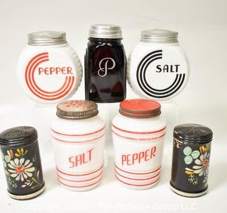 Group of Vintage Art Deco Glass Spice Jars with Screw Lids and Tole Painted Shakers.