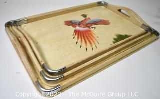 Set of Three (3) Hand-Painted Pheasant Wood Nesting Trays, Made in Japan.