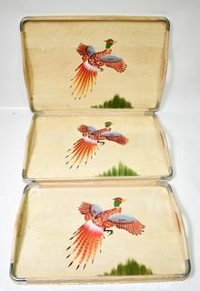 Set of Three (3) Hand-Painted Pheasant Wood Nesting Trays, Made in Japan.