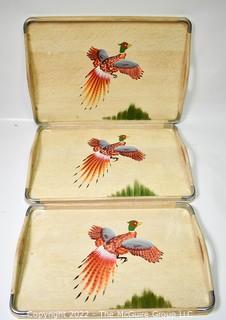 Set of Three (3) Hand-Painted Pheasant Wood Nesting Trays, Made in Japan.