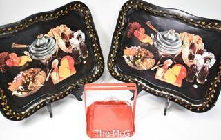 Two (2) Vintage Black Coca Cola TV Trays and Red Napkin Holder.