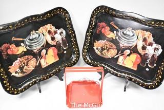 Two (2) Vintage Black Coca Cola TV Trays and Red Napkin Holder.