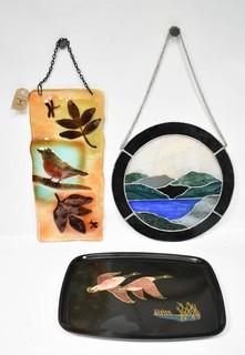 Round Stained Glass Window Hanging, Fused Glass Bird Window Hanging and Couroc Tray. 