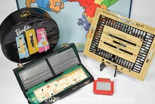 Group of Vintage Games and Toys Including Barbie Case, Contact Bridge Board and Game Board. 