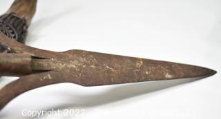 Vintage Hand Forged Iron Knife Blade or Spear Tip and Carved Wood Carrier.