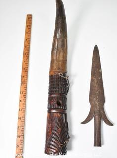 Vintage Hand Forged Iron Knife Blade or Spear Tip and Carved Wood Carrier.