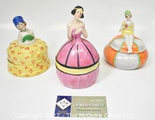 Three (3) Vintage Porcelain Lady Half Doll Vanity Powder Jars. 