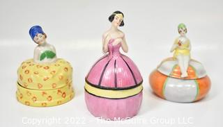 Three (3) Vintage Porcelain Lady Half Doll Vanity Powder Jars. 