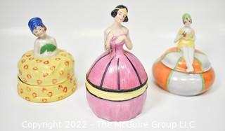 Three (3) Vintage Porcelain Lady Half Doll Vanity Powder Jars. 