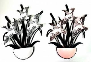 Two (2) Vintage Art Deco Mid Century Pink, Black & White Plastic Wall Pocket Planters. Three dimensional