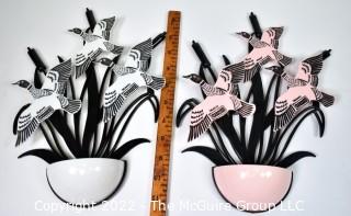 Two (2) Vintage Art Deco Mid Century Pink, Black & White Plastic Wall Pocket Planters. Three dimensional