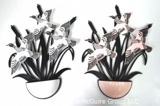 Two (2) Vintage Art Deco Mid Century Pink, Black & White Plastic Wall Pocket Planters. Three dimensional