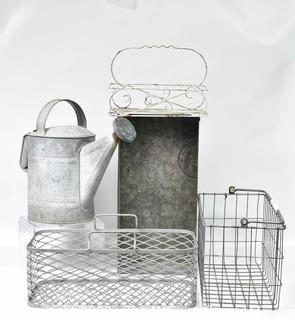 Group of Industrial Metal ITems Including Watering Can, Baskets and Galvanized Tray.