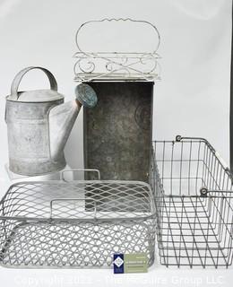 Group of Industrial Metal ITems Including Watering Can, Baskets and Galvanized Tray.