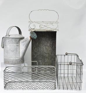 Group of Industrial Metal ITems Including Watering Can, Baskets and Galvanized Tray.