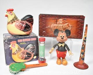 Group of Vintage Toys Including Mickey Mouse, Horn, Hen Laying Eggs in Box and Leather Trinket Box. 