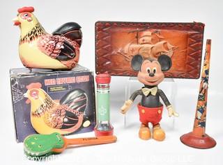 Group of Vintage Toys Including Mickey Mouse, Horn, Hen Laying Eggs in Box and Leather Trinket Box. 